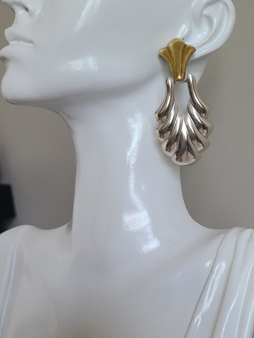 Vintage Sterling Silver Two Tone Gold Mexico Door Knocker Shell Drop Earrings